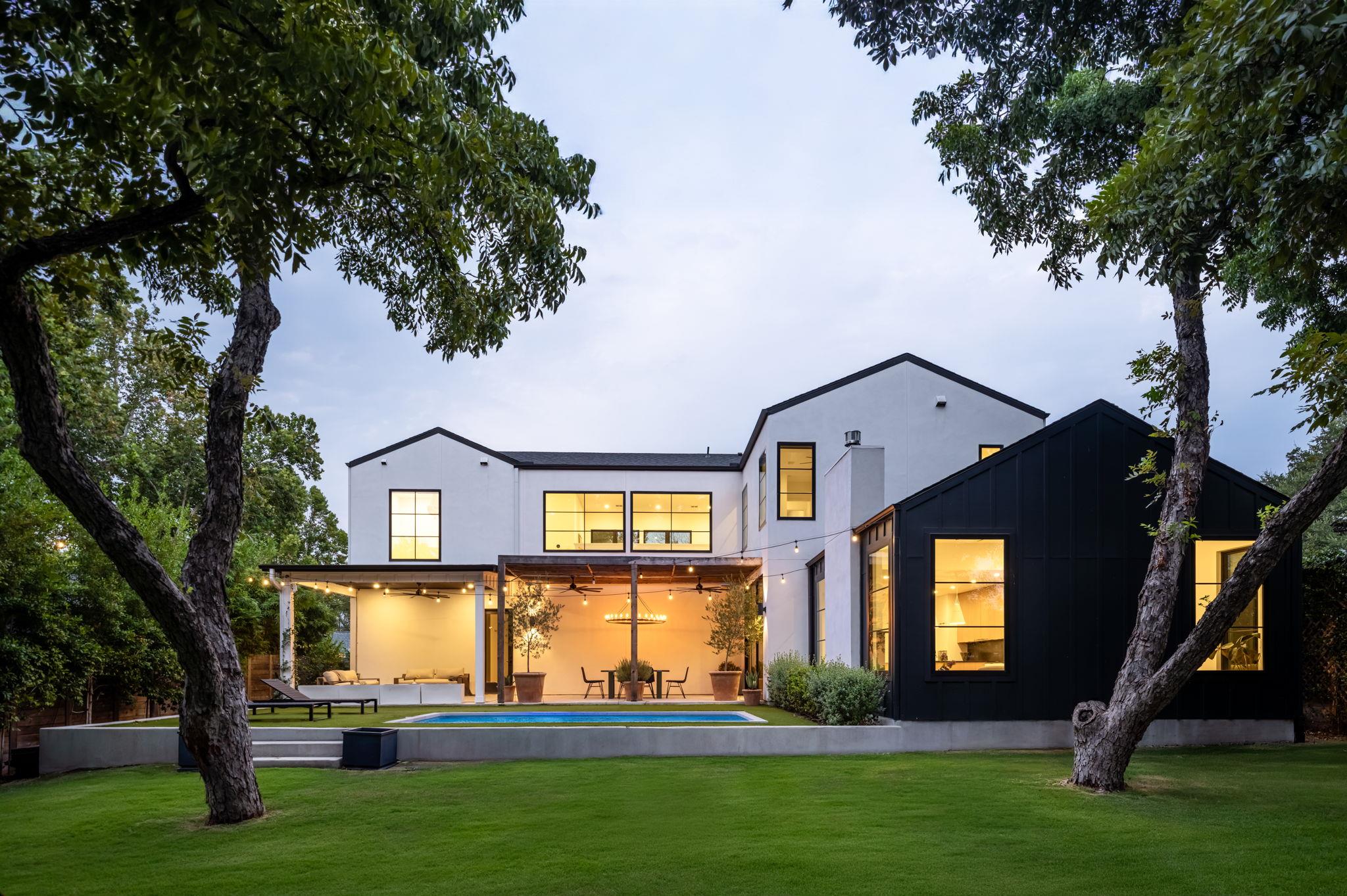 Striking contemporary architecture frames the bac