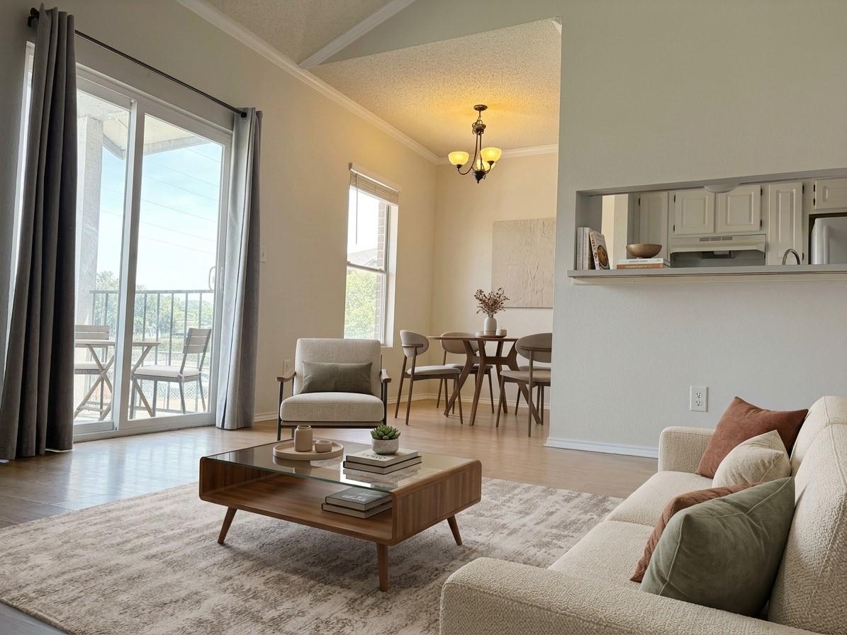 Sliding glass doors open to a private balcony, fi