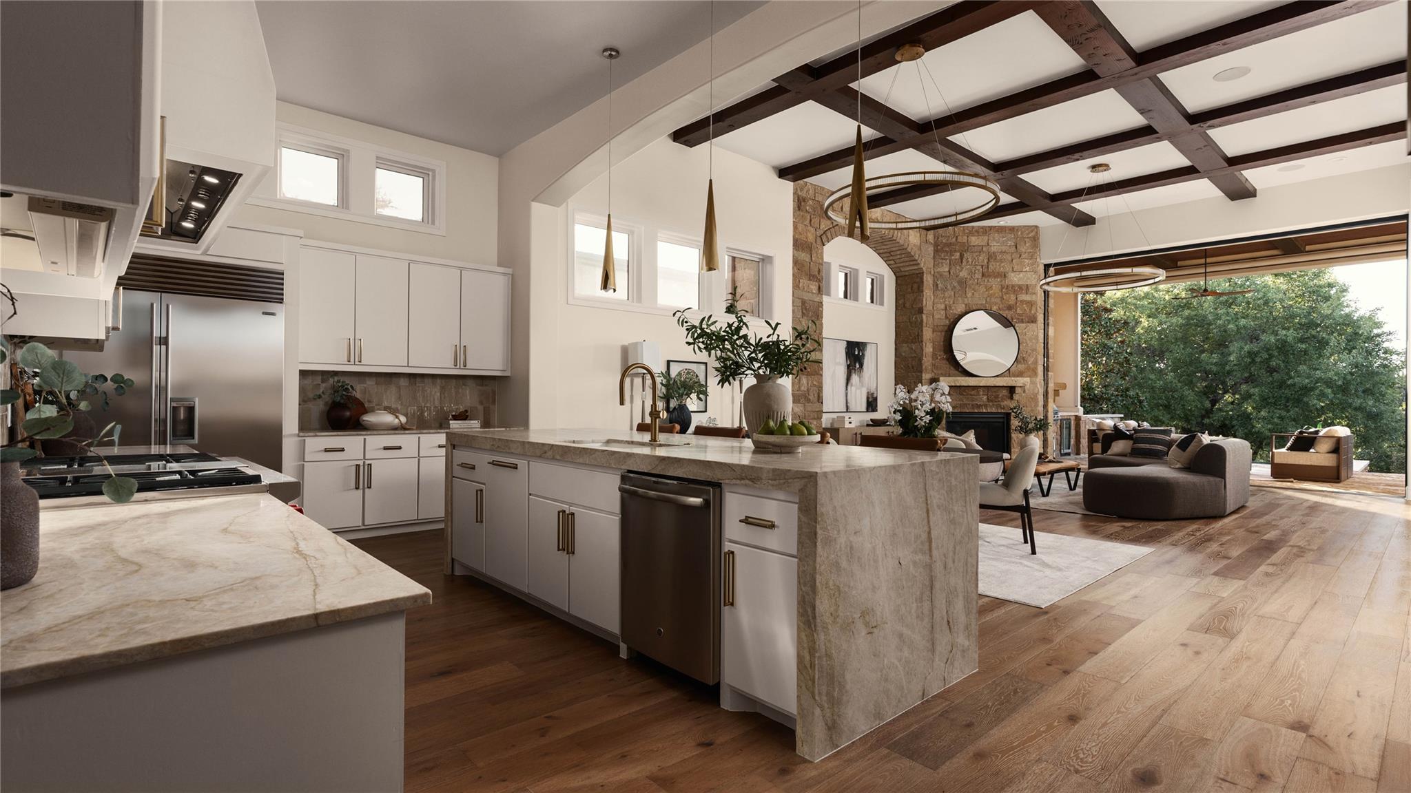 Rich wood floors tie this open kitchen seamlessly