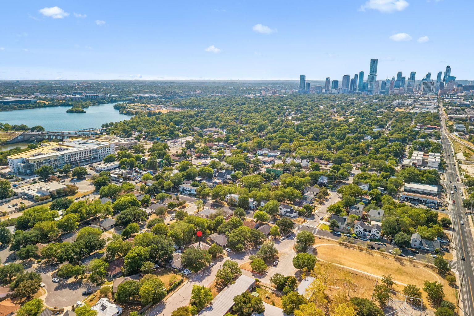 Aerial view showcases the surrounding leafy neigh