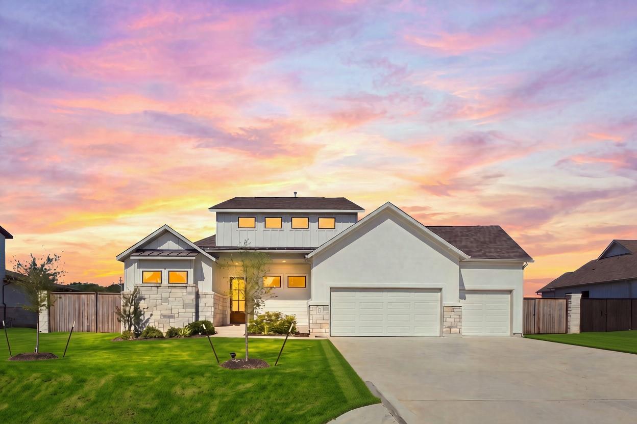 Modern architectural lines and stone accents defi