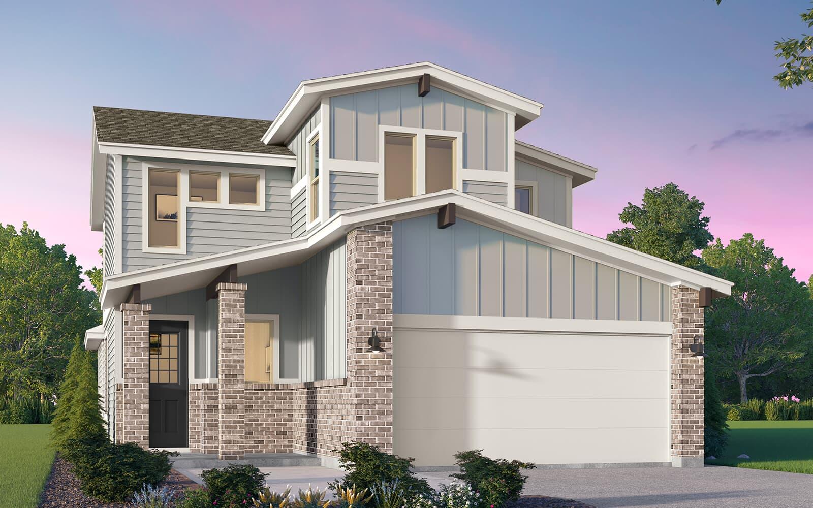 Modern mixed-material siding and brick pillars de