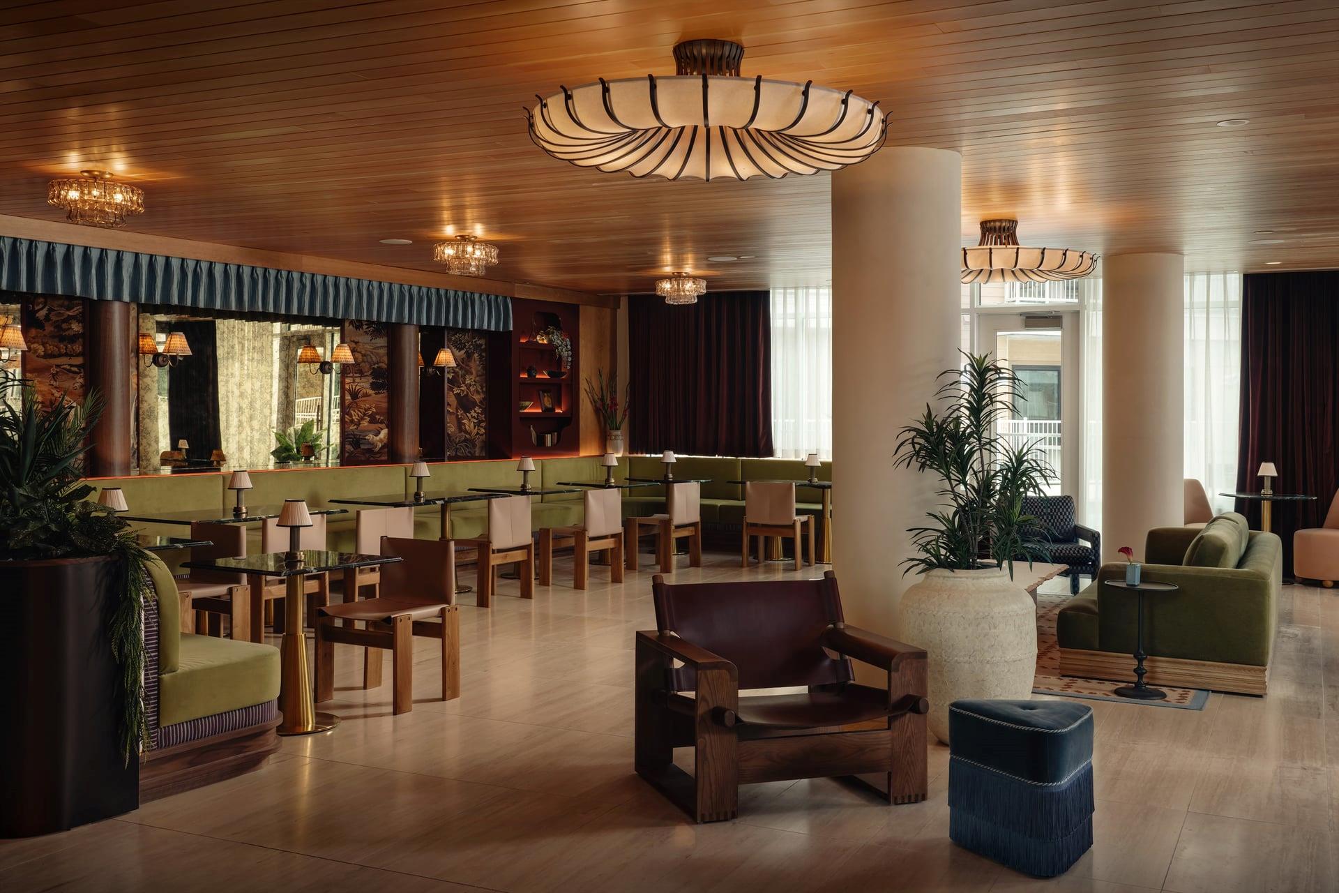 Rich wood plank ceilings and polished tile floori