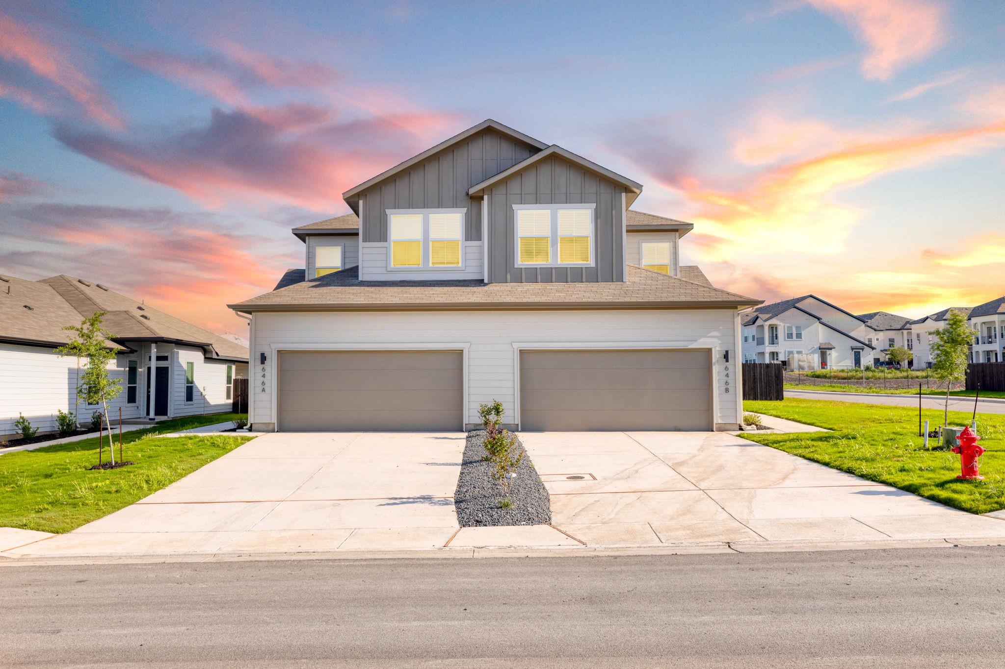 A classic duplex exterior features board and batt