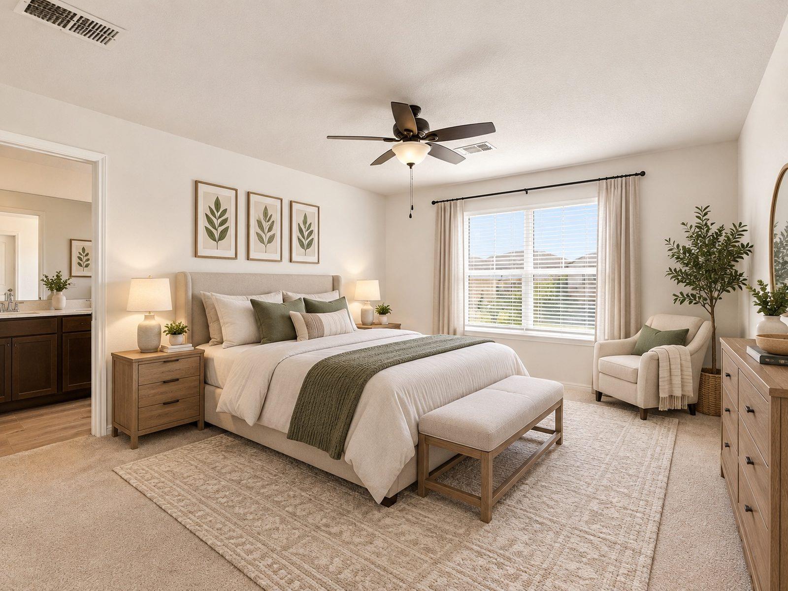 Soft carpet and natural light from a large window