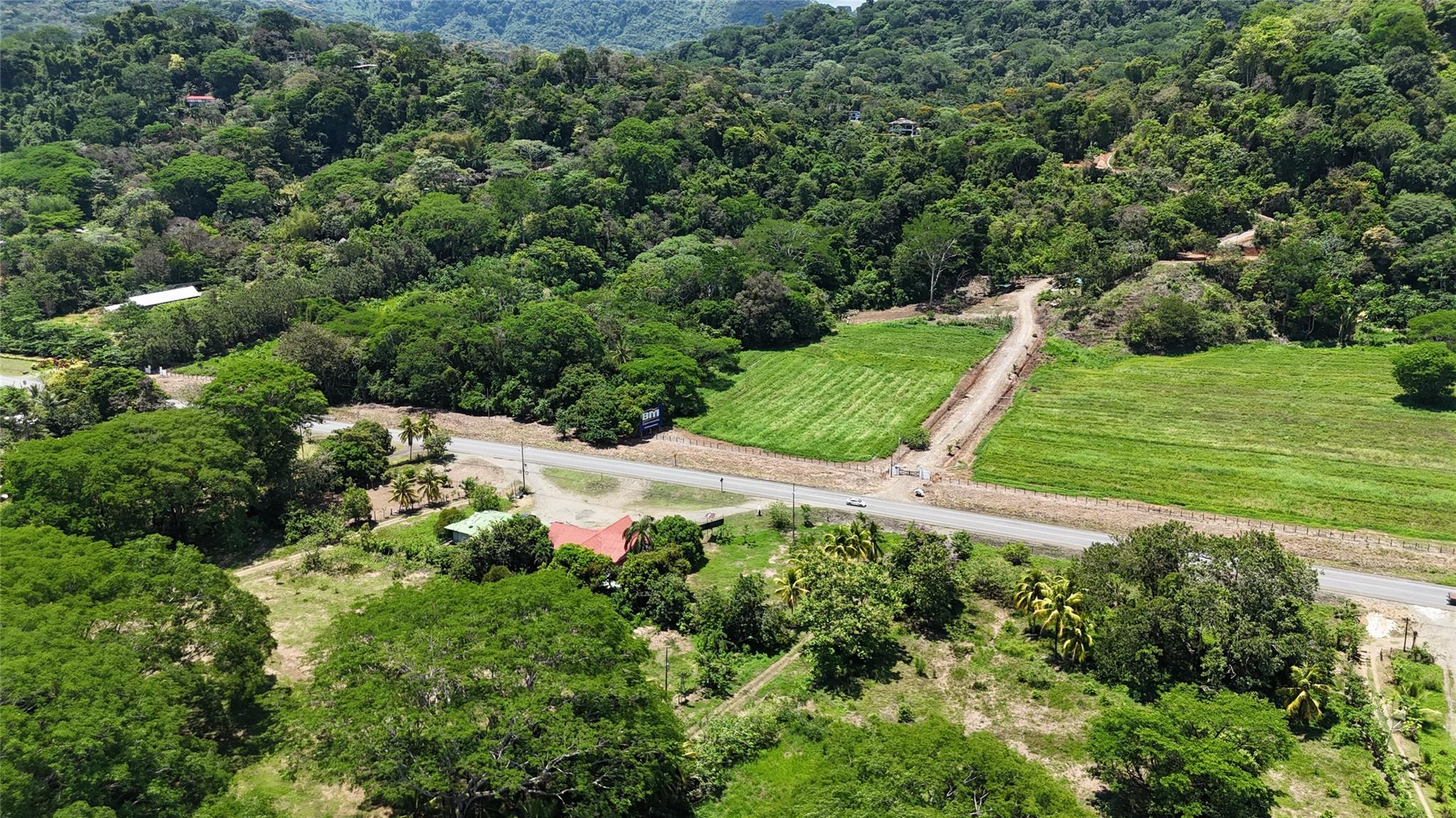 Lush tropical hillsides frame a vast green landsc