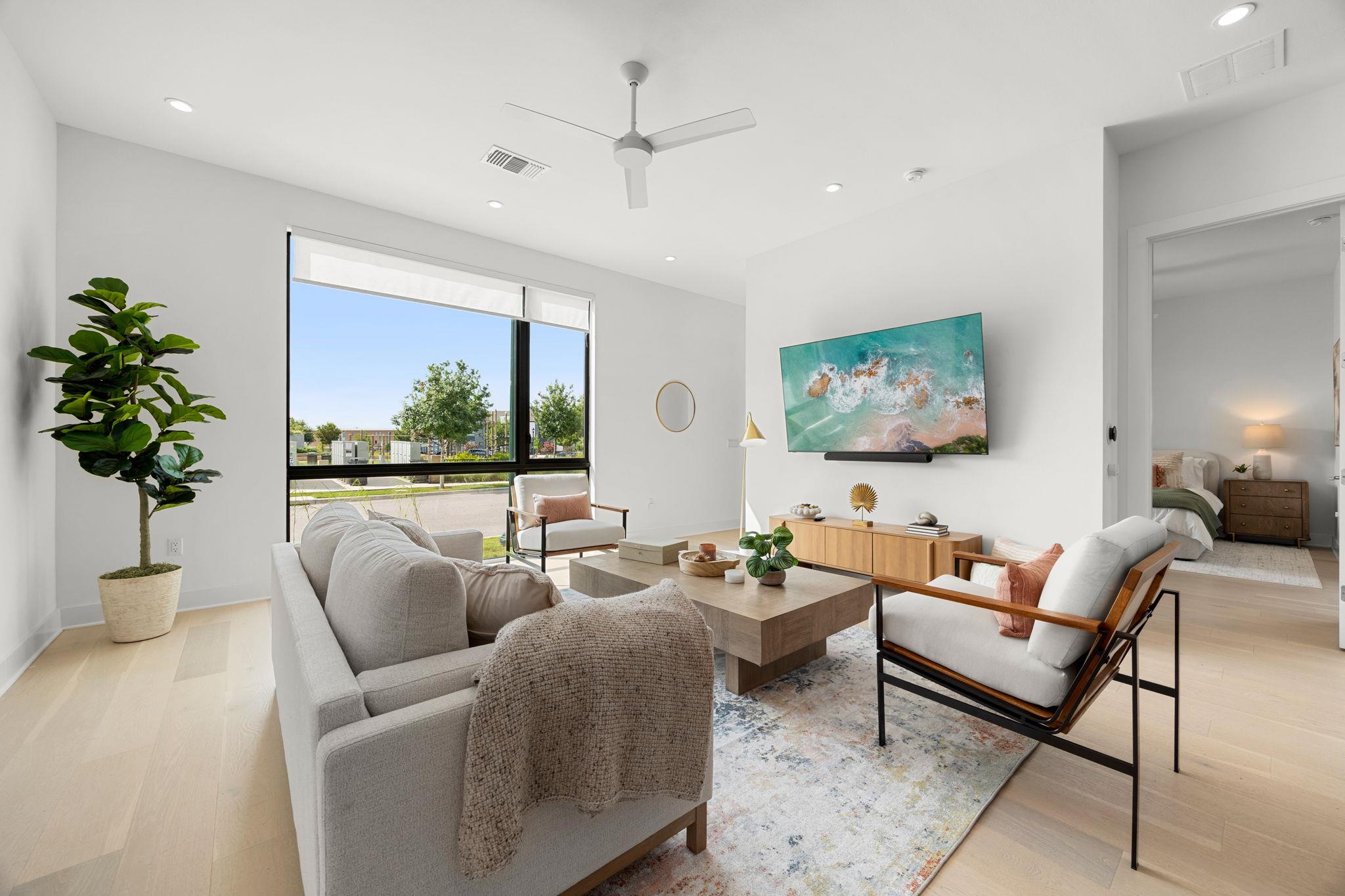 Clean lines and warm hardwood floors define this 
