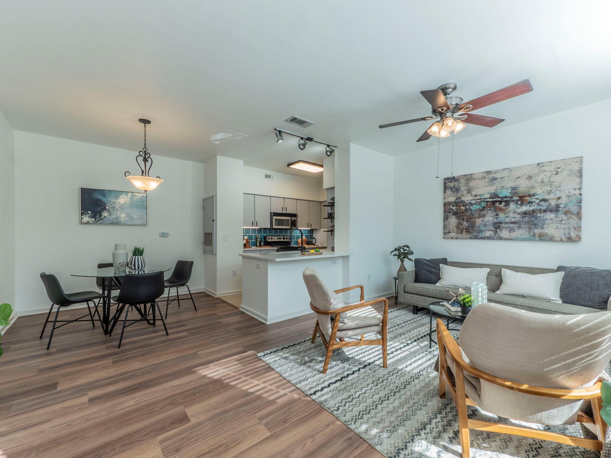 An open floor plan connects the living and dining