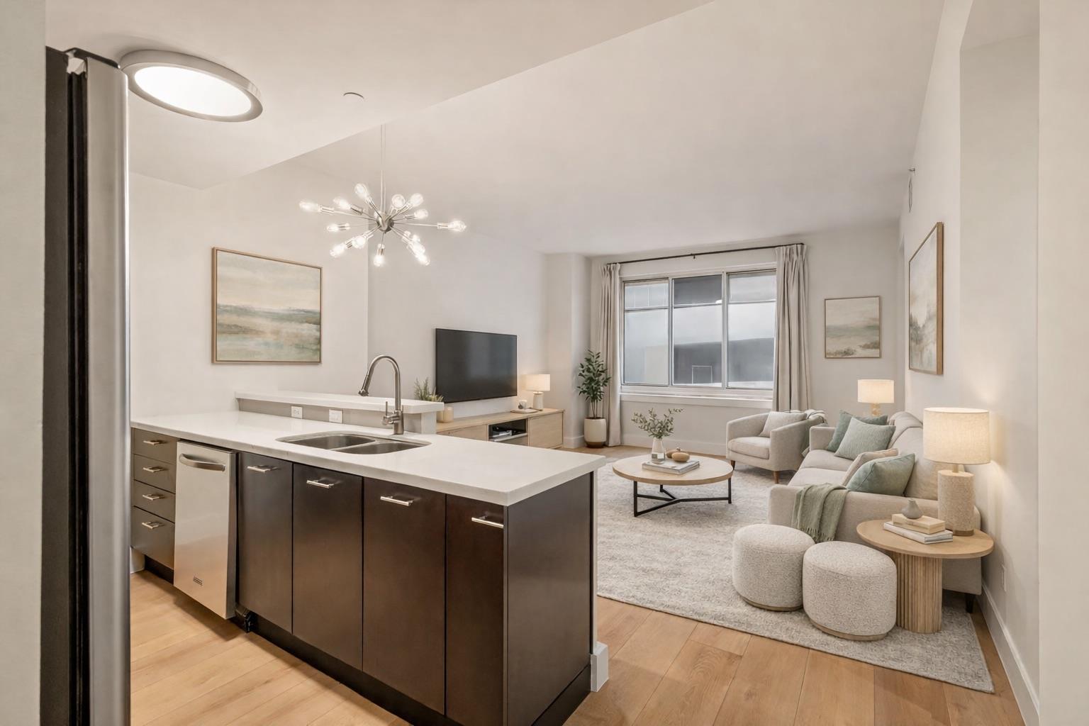 An open floorplan seamlessly connects the modern 