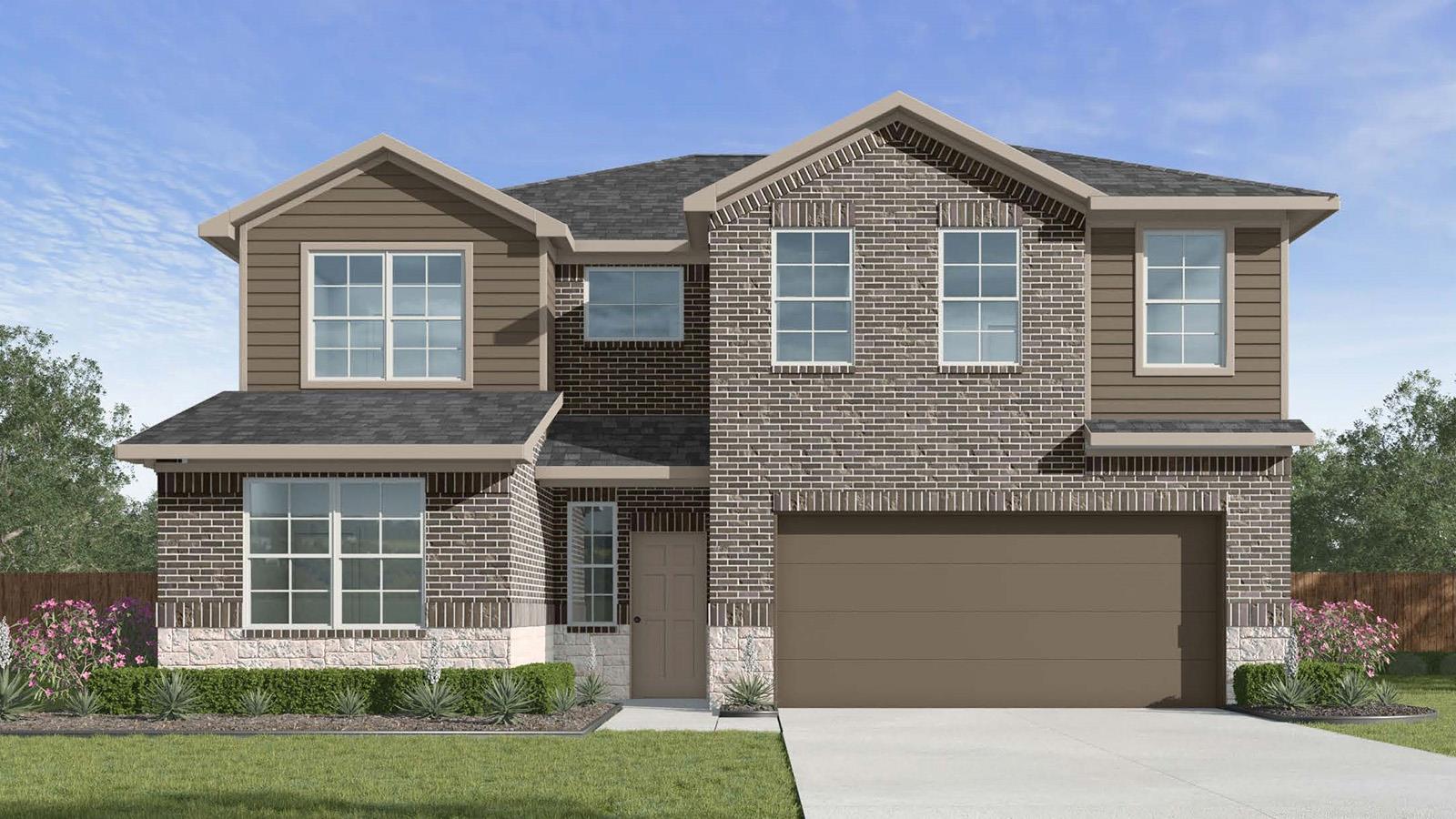 A classic brick and siding two-story home, accent