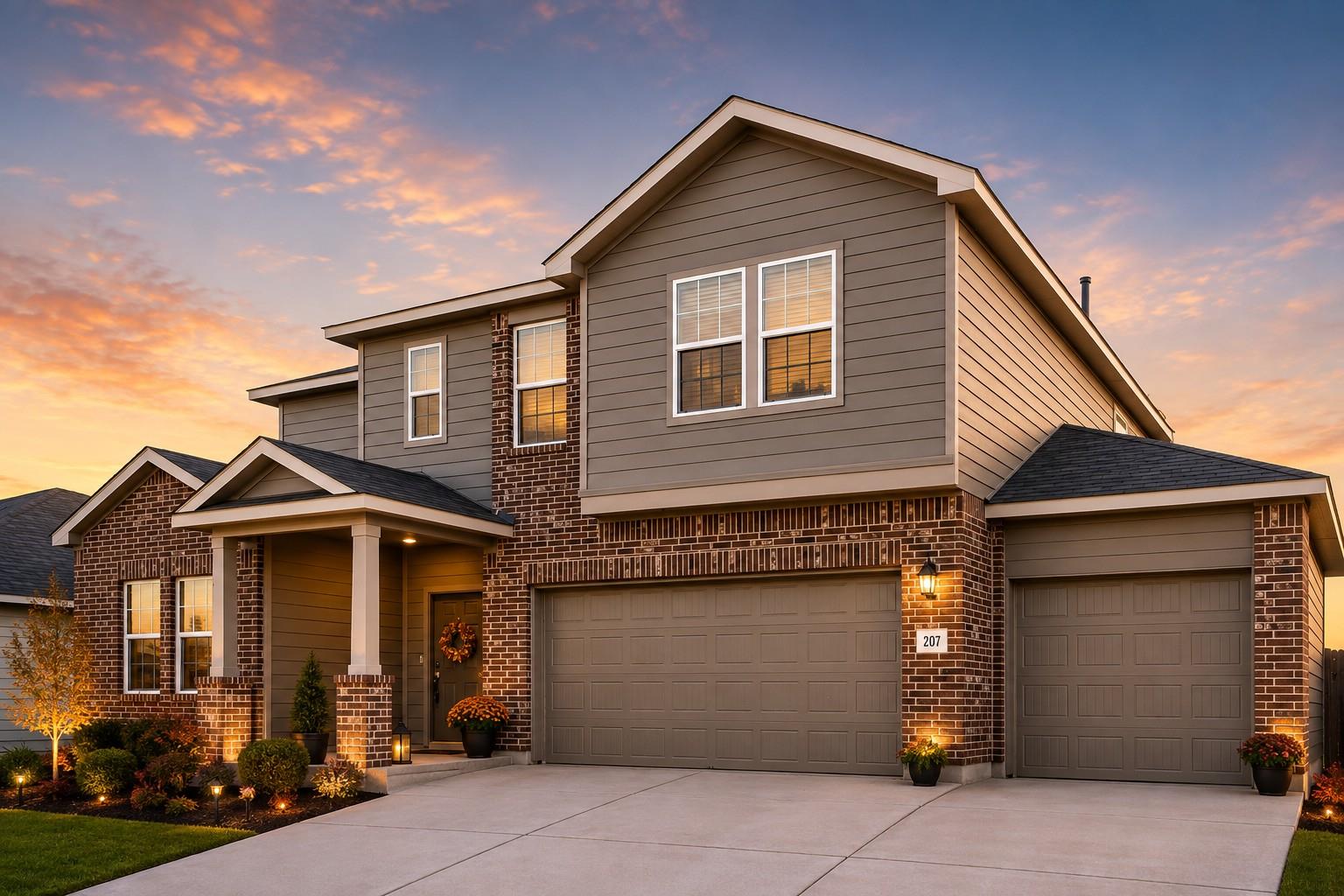 Timeless brick accents and warm siding define the