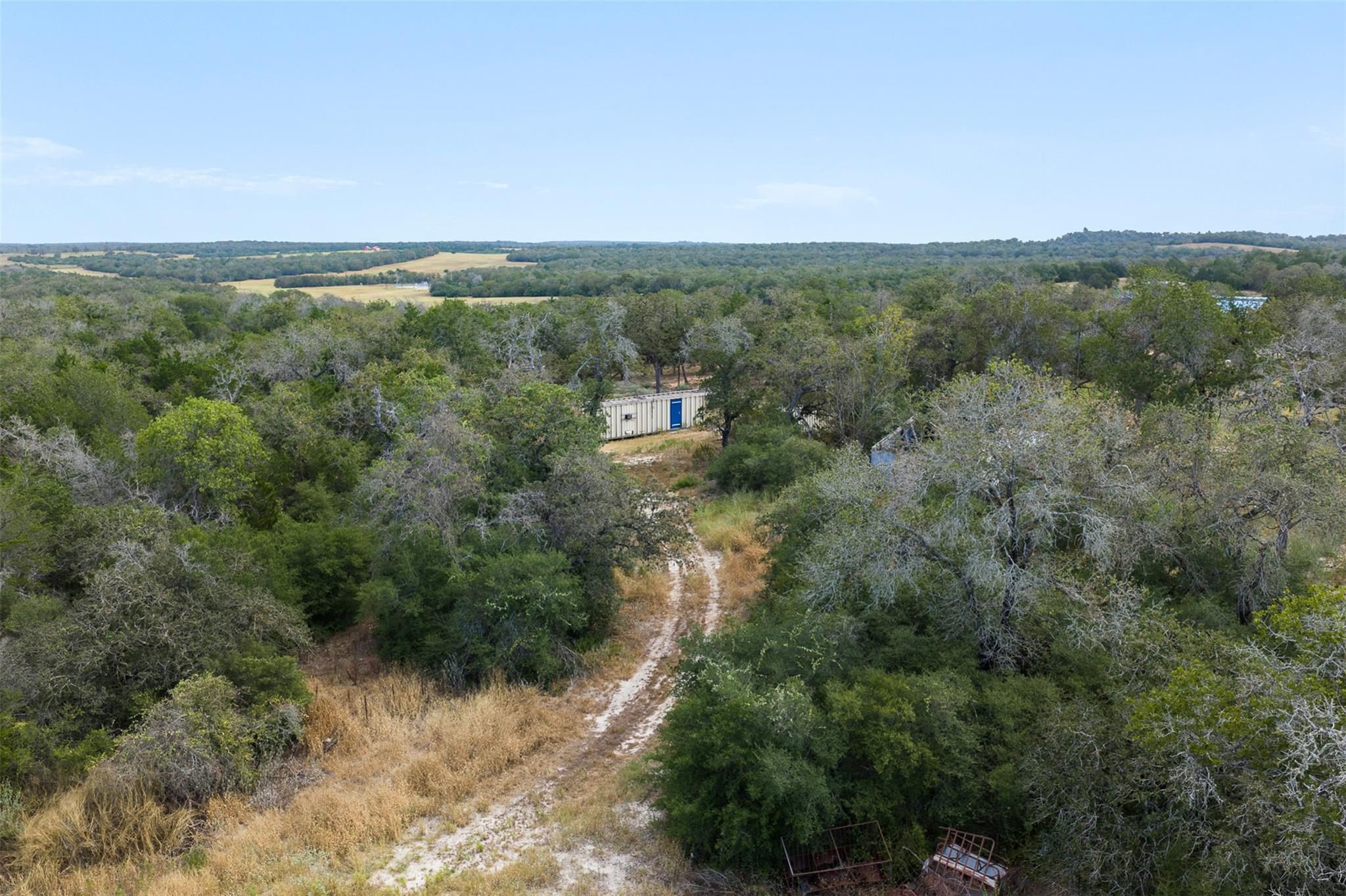 A winding dirt road cuts through dense woods unde