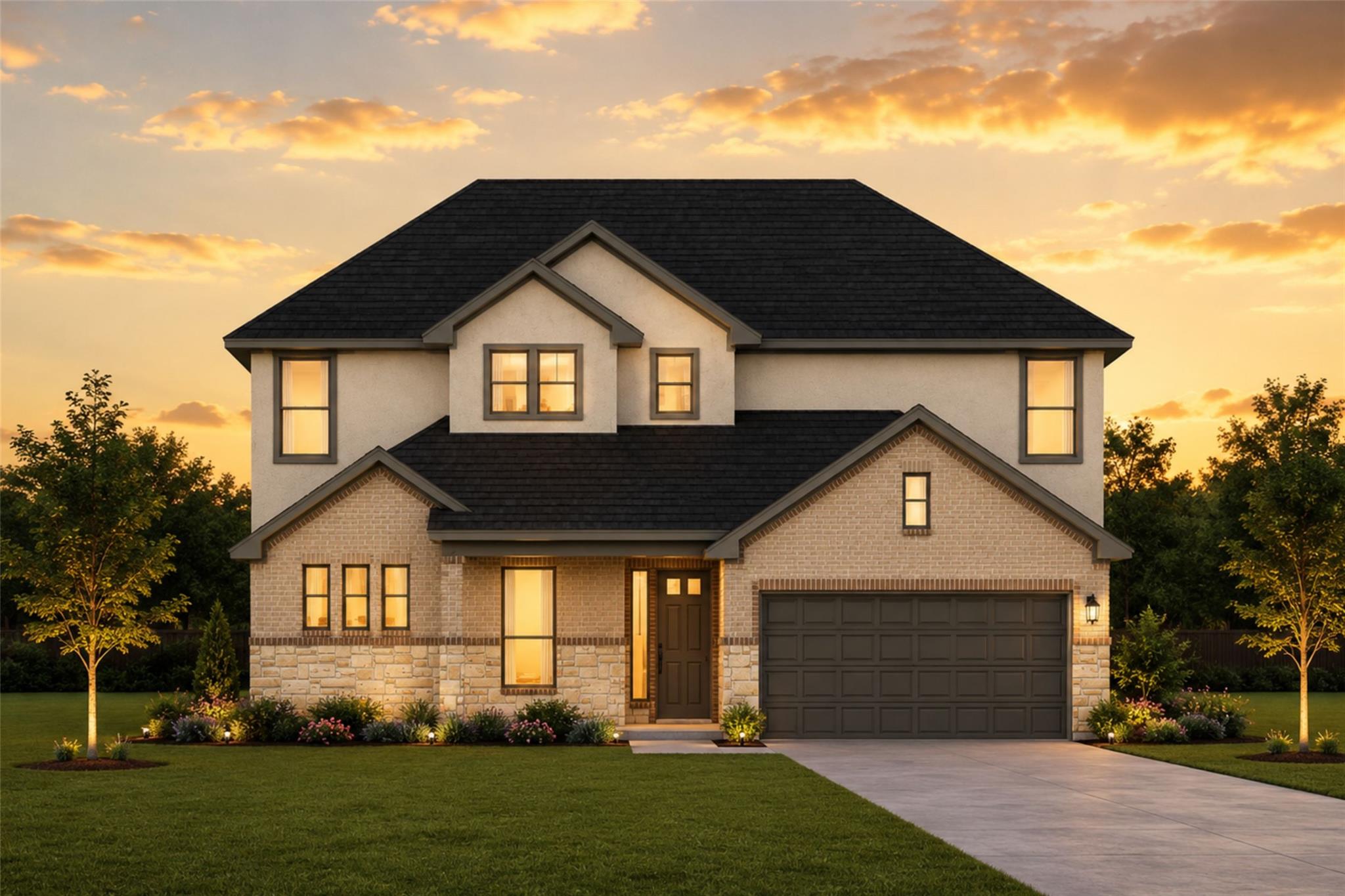 An elegant brick and stone facade welcomes guests