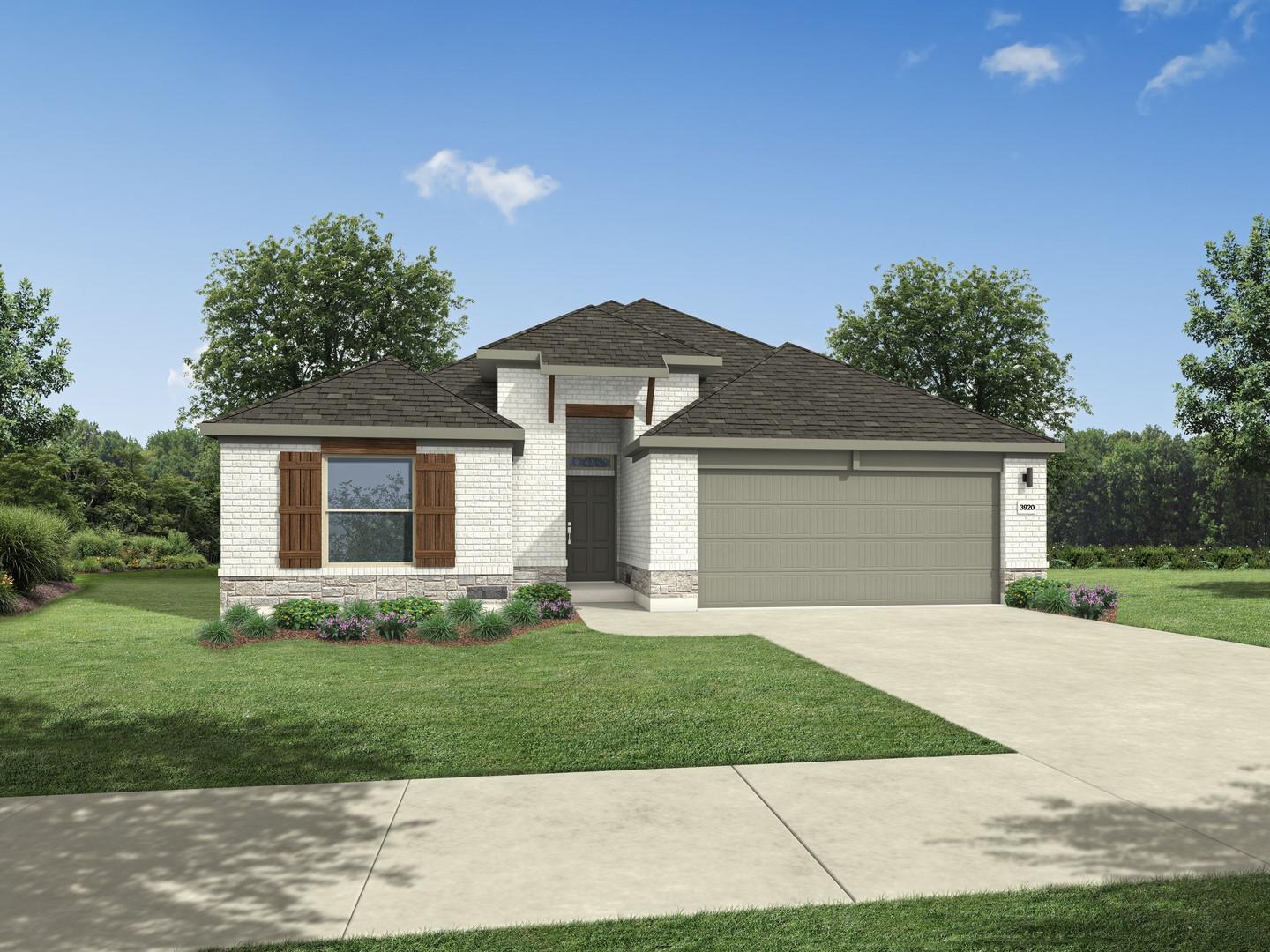 Crisp white brick and natural stone accents defin