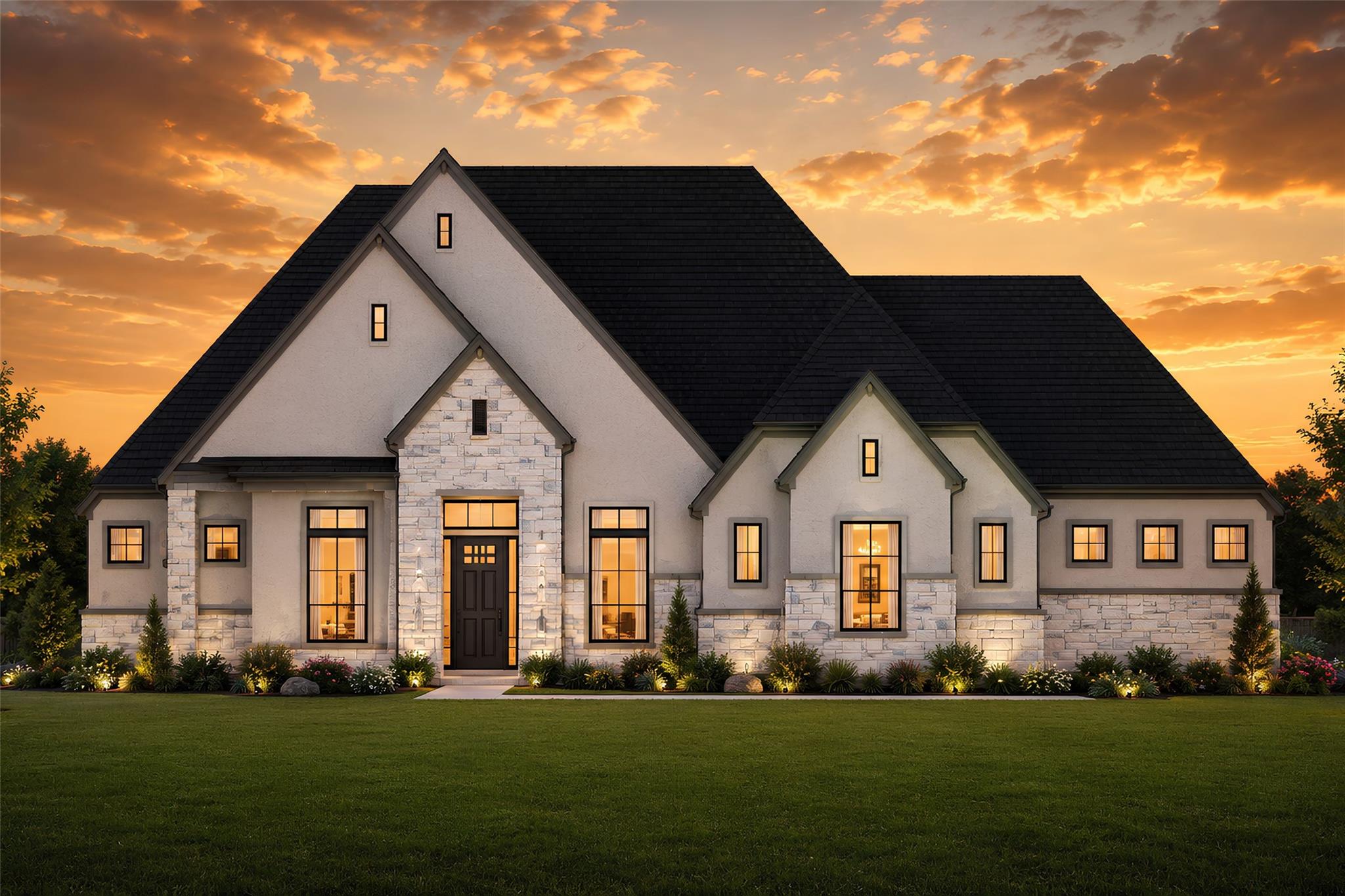Steeply pitched gables, stone accents, and manicu