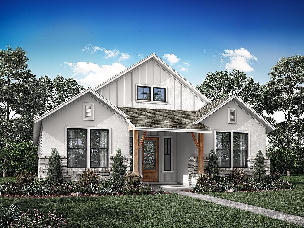 Gable roofs, board and batten siding, and stone a