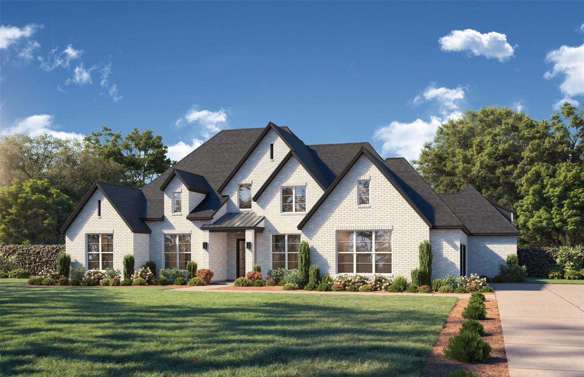 Striking brick gables and a manicured green lawn 