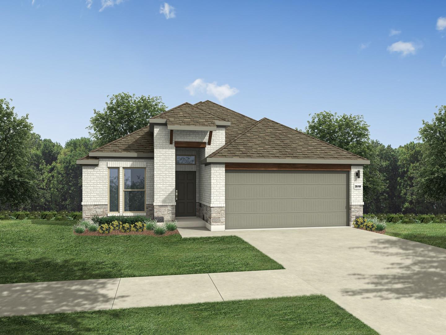 An inviting exterior features a blend of brick an