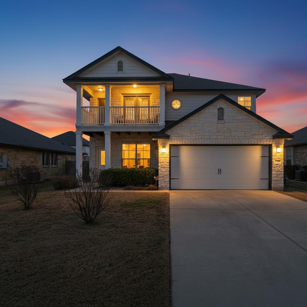 A concrete driveway leads to a two-story home wit