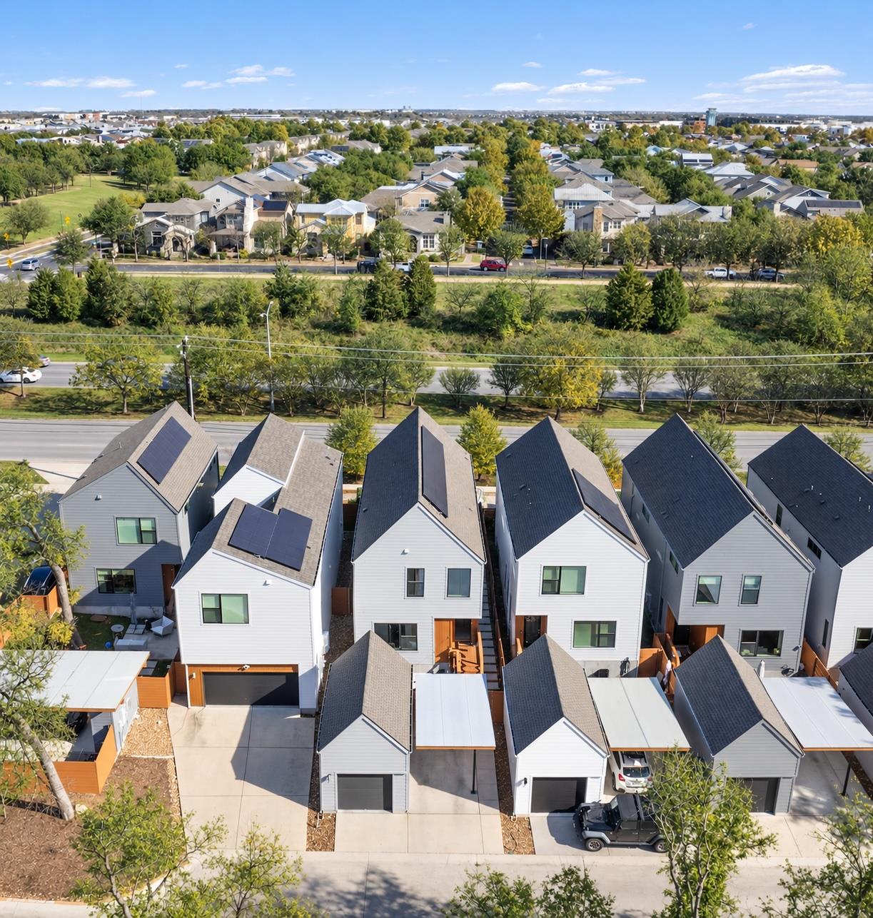 A high-angle view reveals modern multi-level home