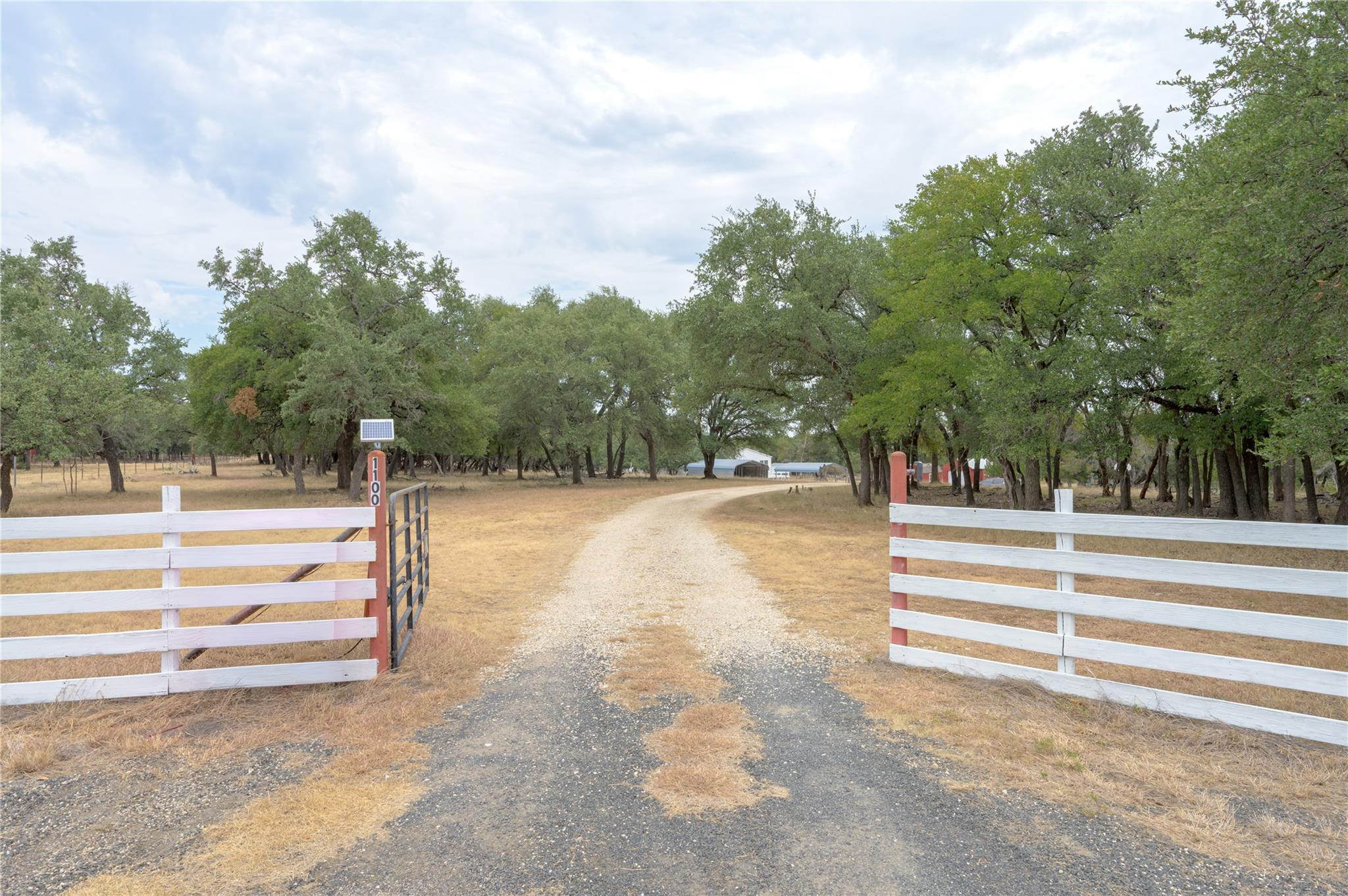A gated gravel driveway winds through mature tree