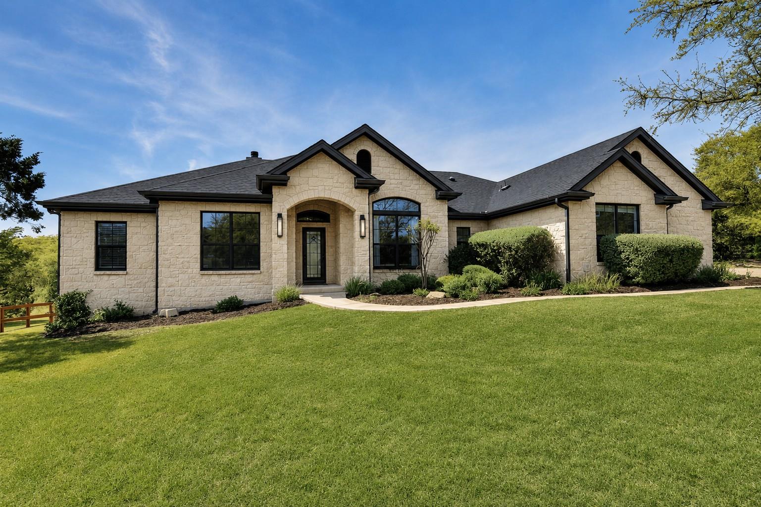Architectural gables and textured stone masonry d