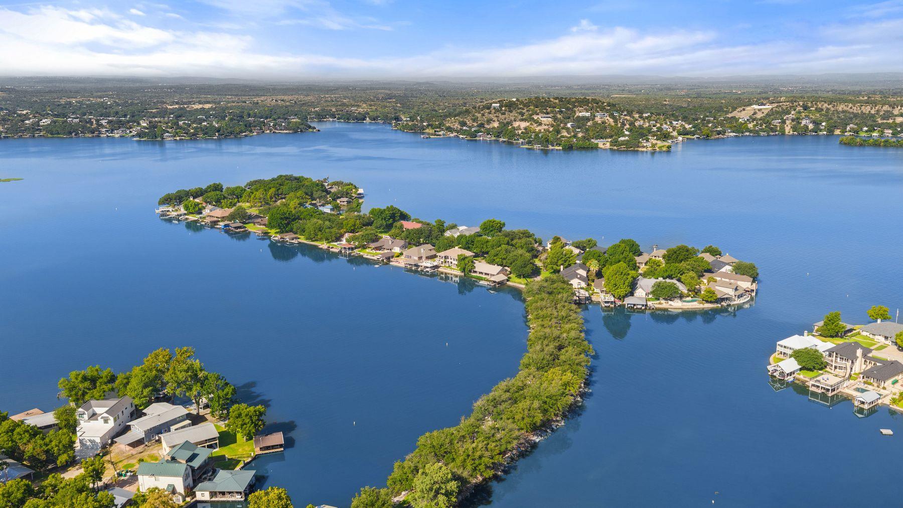 An aerial panorama captures the winding coastline