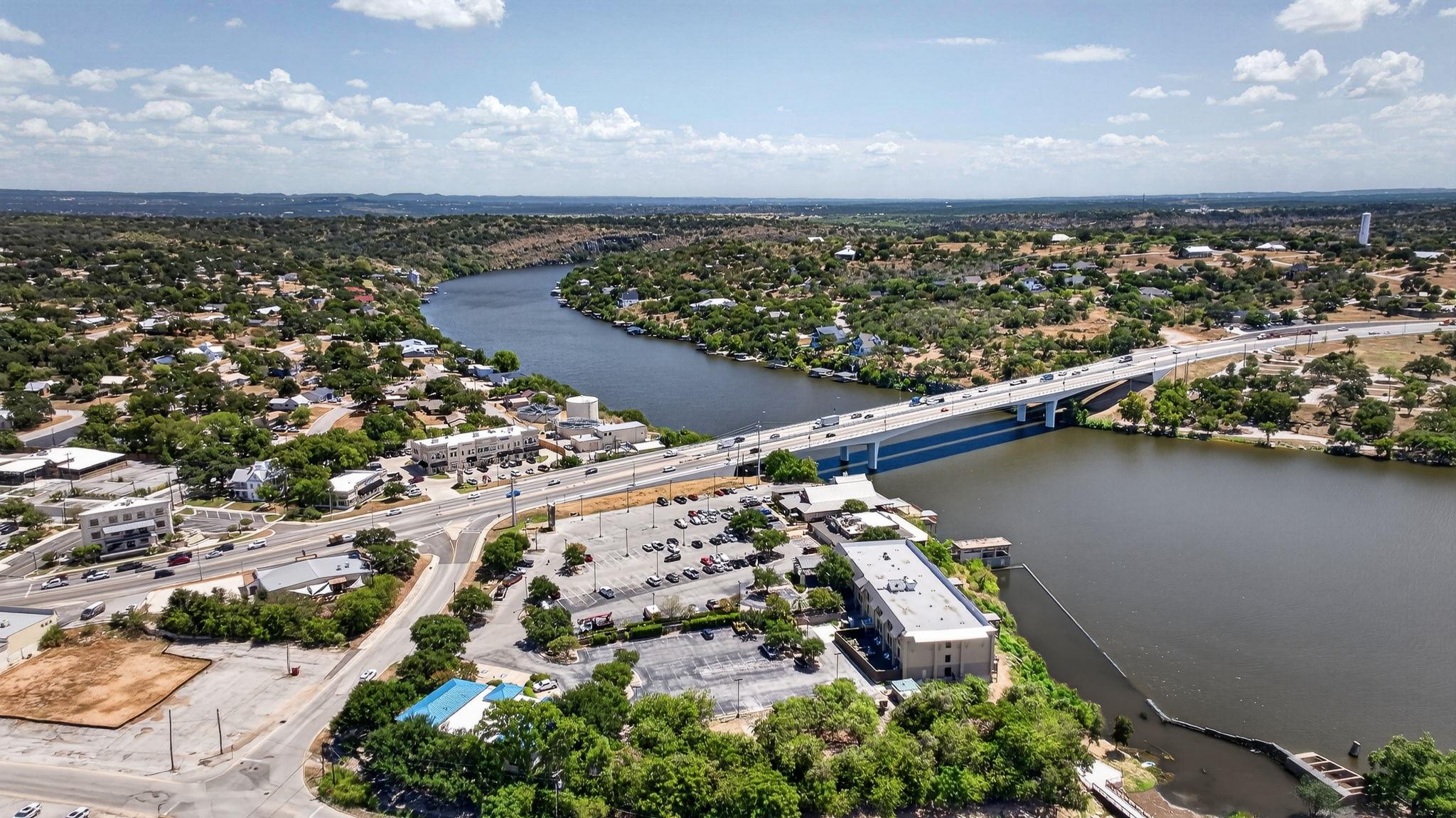Scenic aerial views overlook the winding river sp