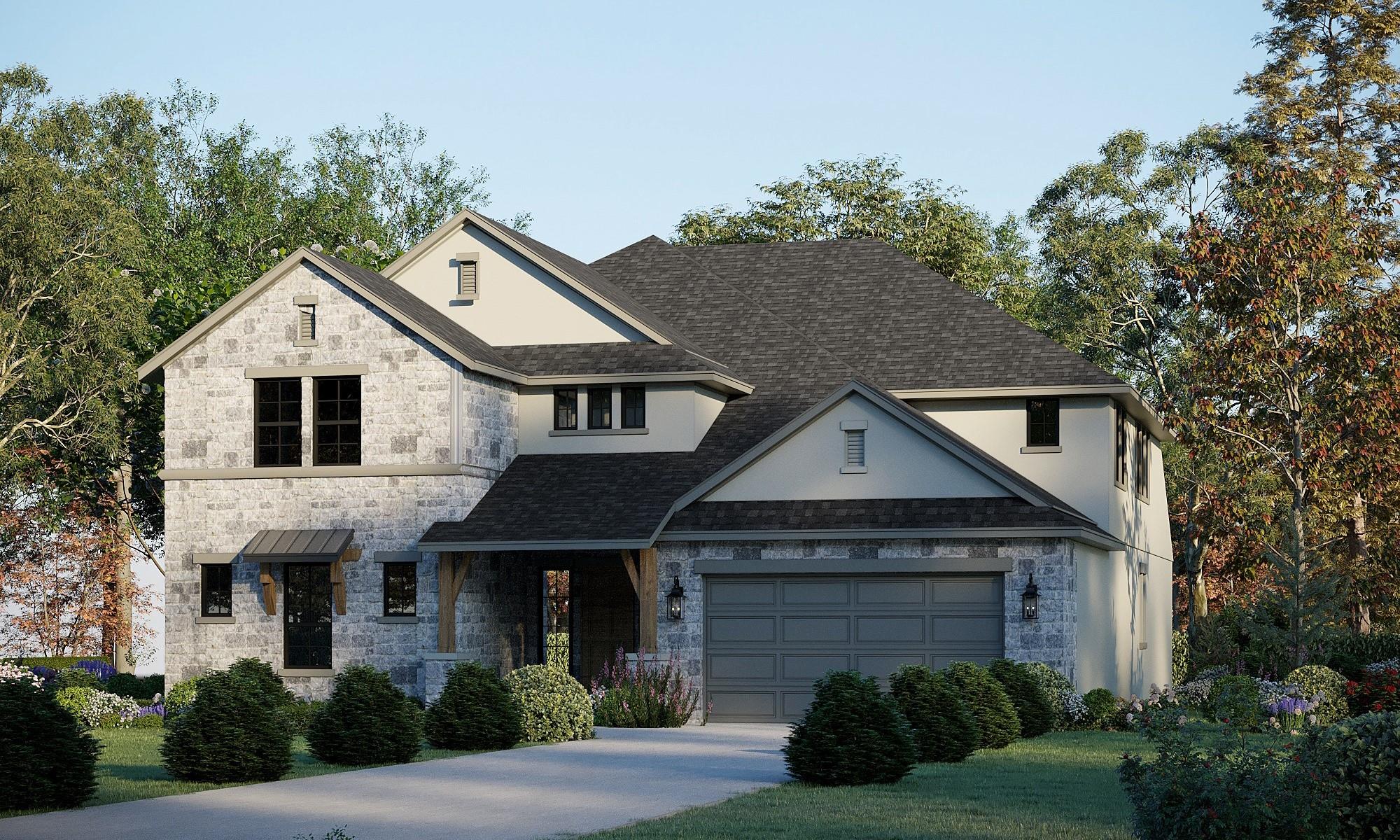 A striking stone and stucco facade frames this ne