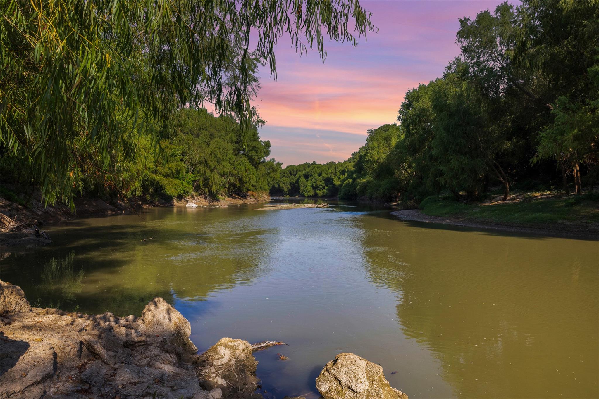 Lush foliage frames a serene river view beneath a