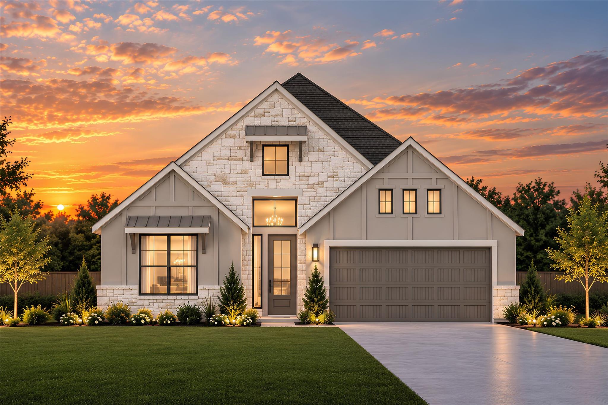 An elegant mix of stone and siding defines this b
