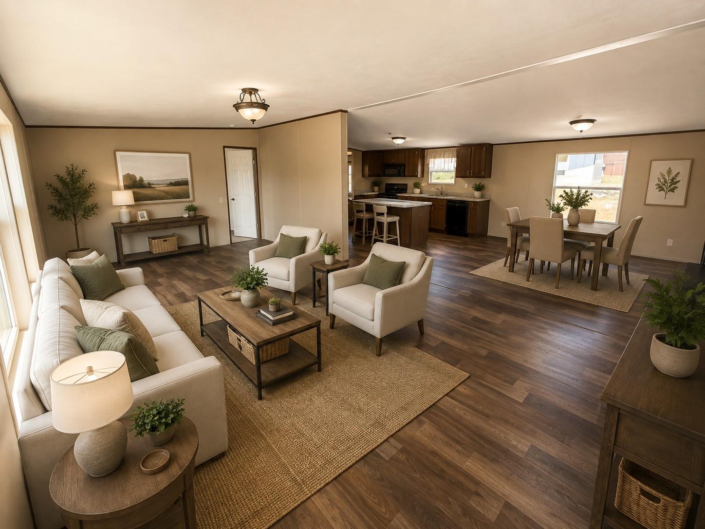An open layout connects the living room seamlessl