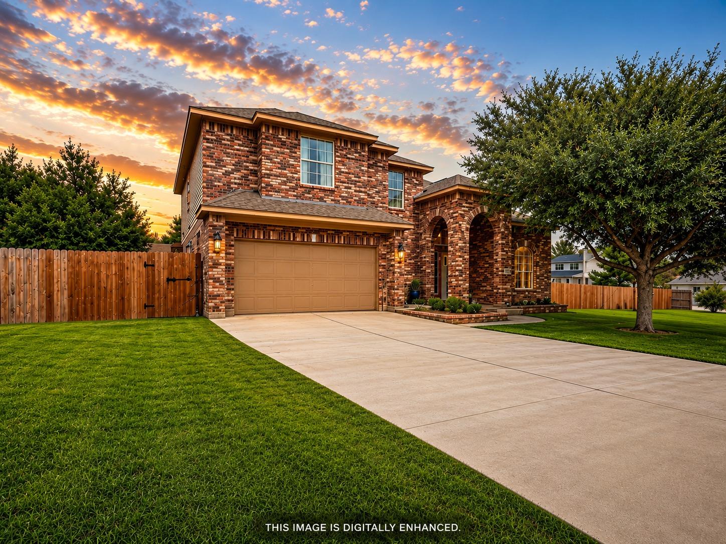 A spacious concrete driveway leads to this two-st