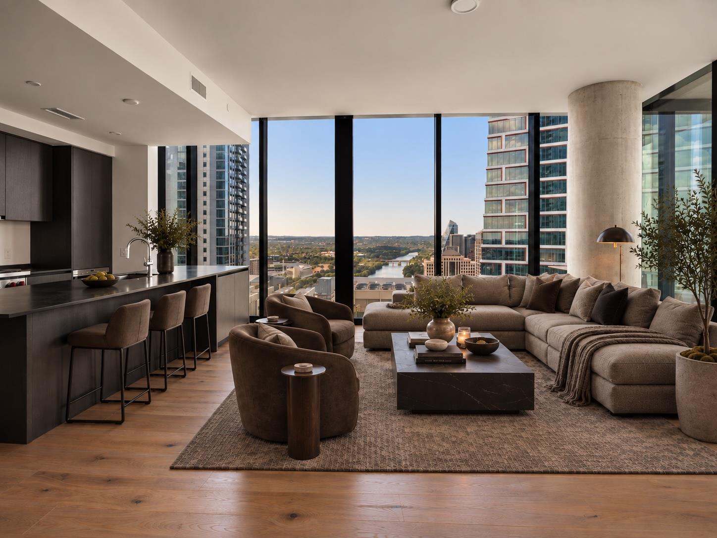 Floor-to-ceiling windows frame panoramic city and