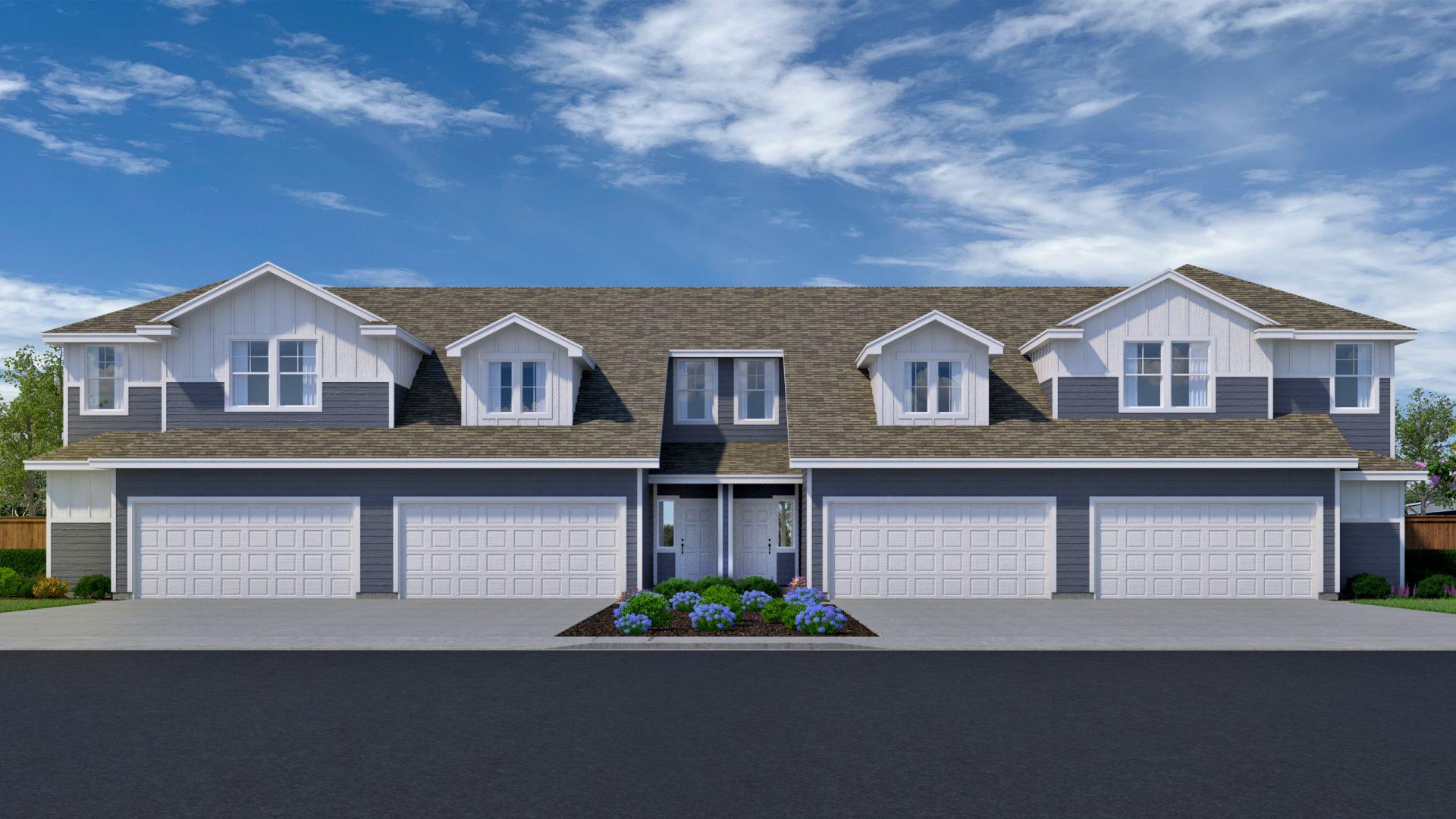 Crisp horizontal siding and multiple gables defin