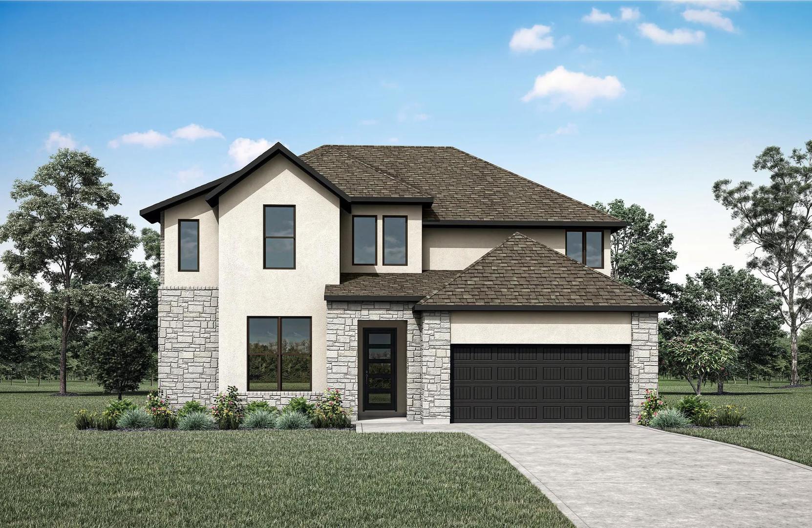 Textured stone veneer accents the facade of this 
