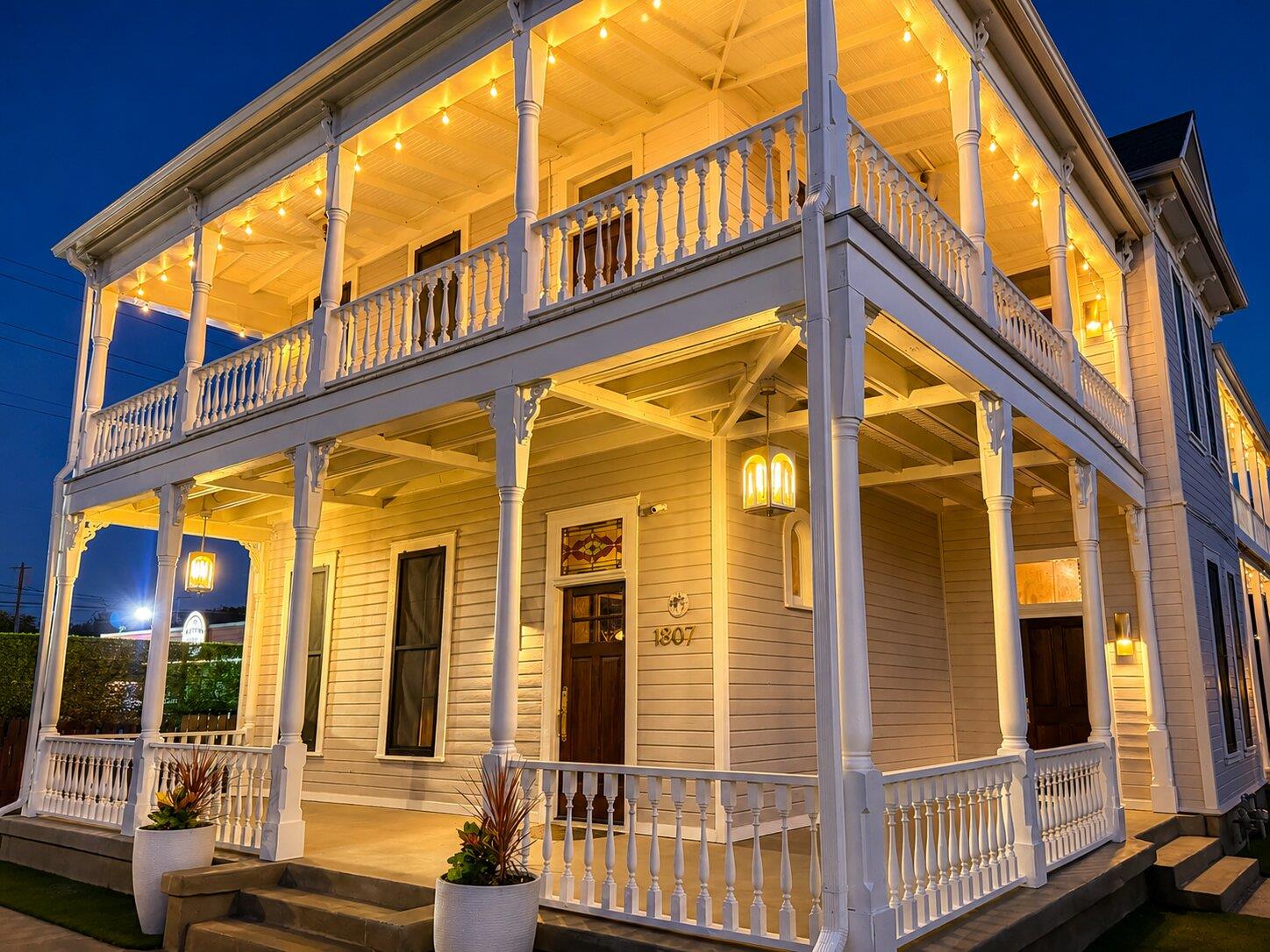 A historic double-tier gallery porch with classic