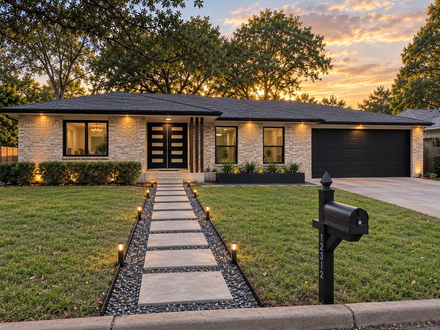 A stone walkway leads to the entryway of this sin