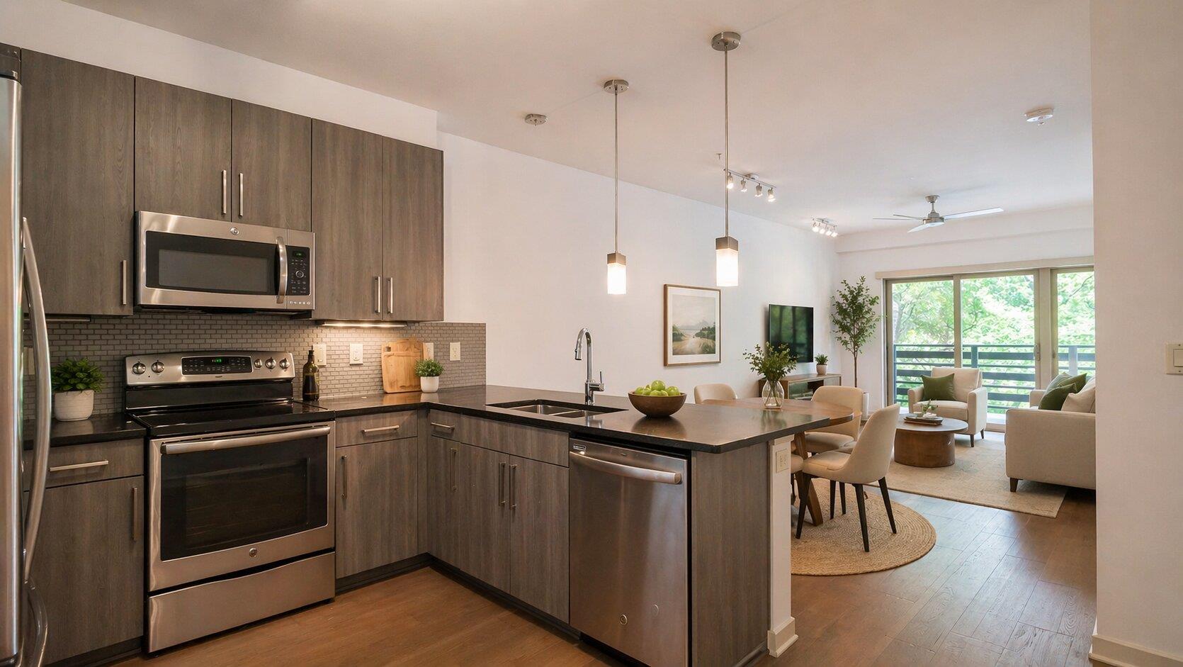 Modern cabinetry and stone counters anchor this b