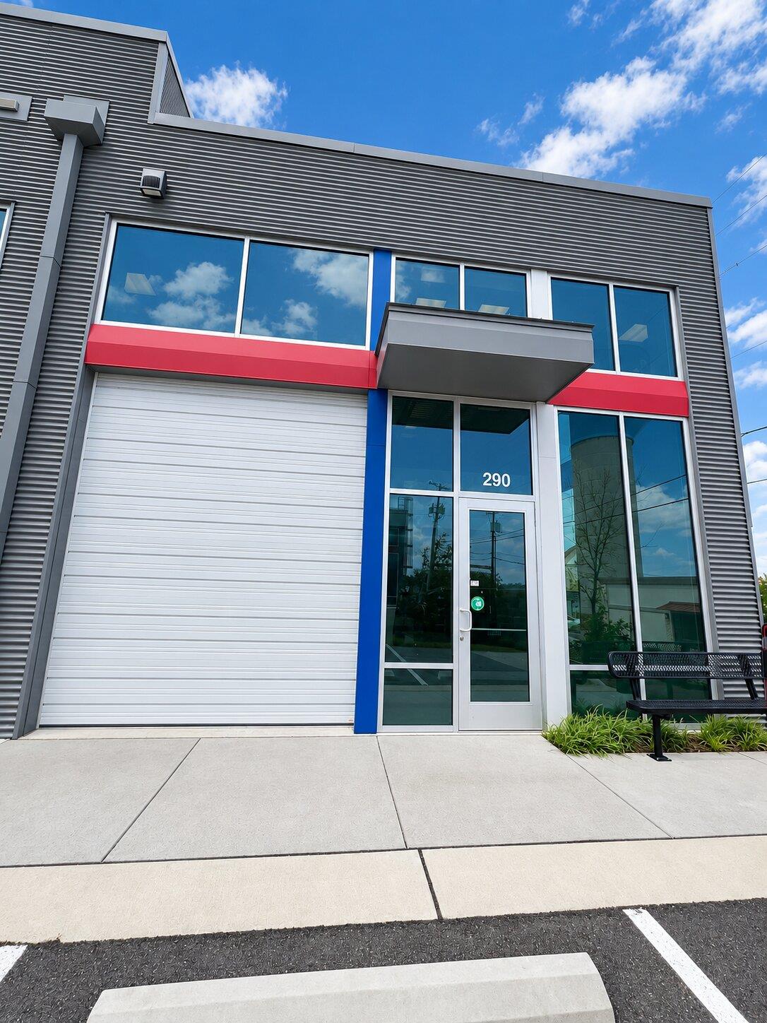 A modern commercial storefront features corrugate