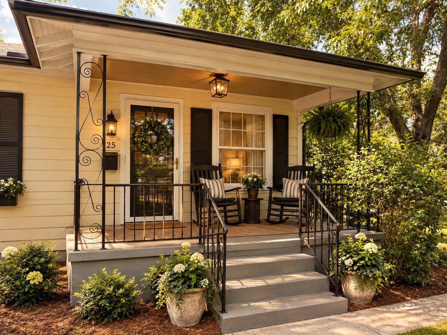 A welcoming front porch with classic wooden sidin