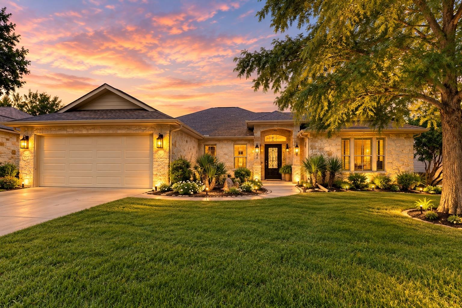 Artful masonry and a manicured lawn create a welc