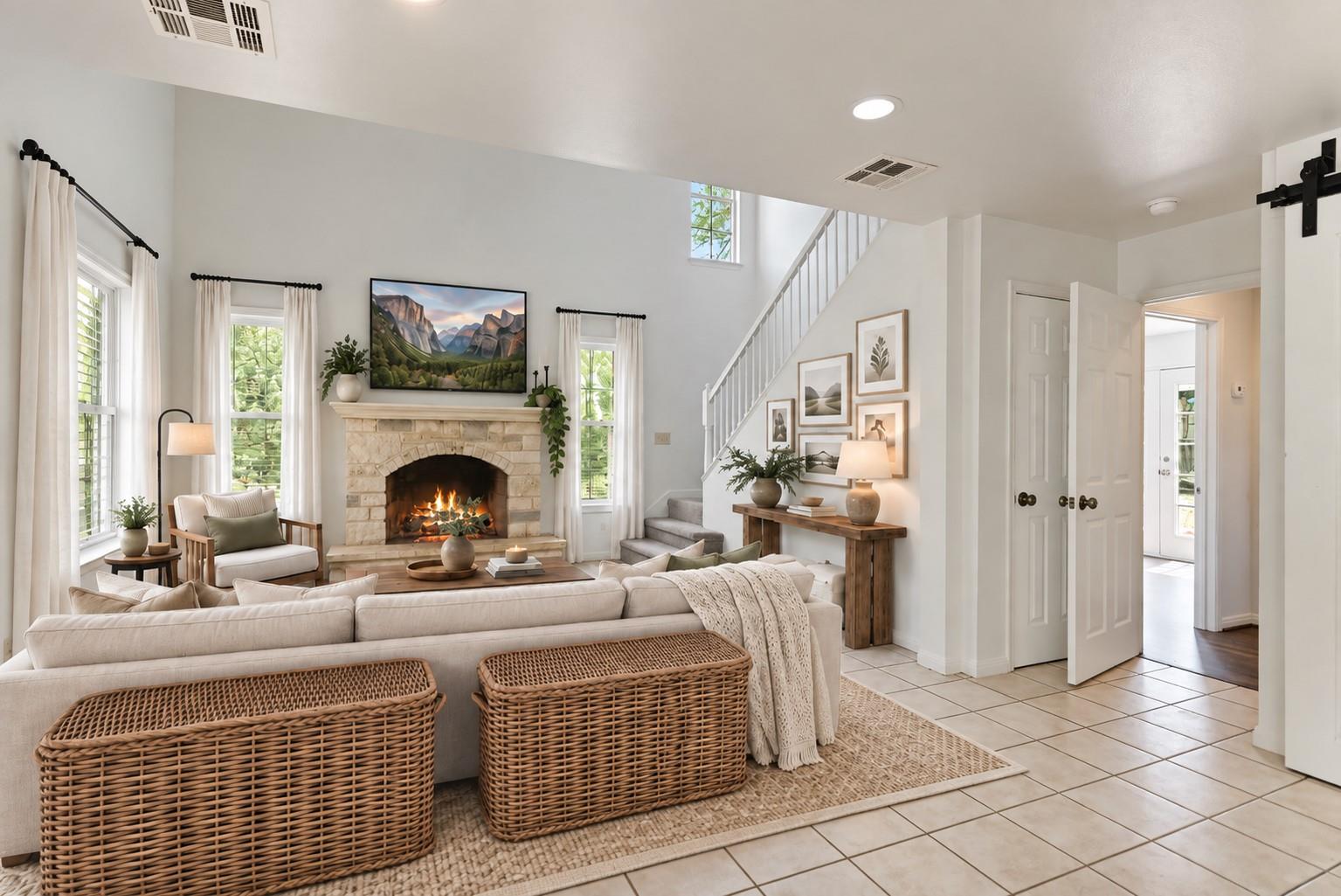 A stone fireplace anchors the living space under 
