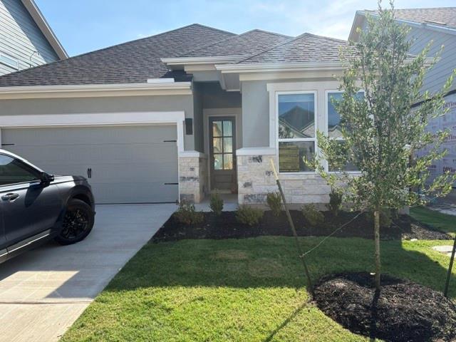 Clean architectural lines and stone accents defin