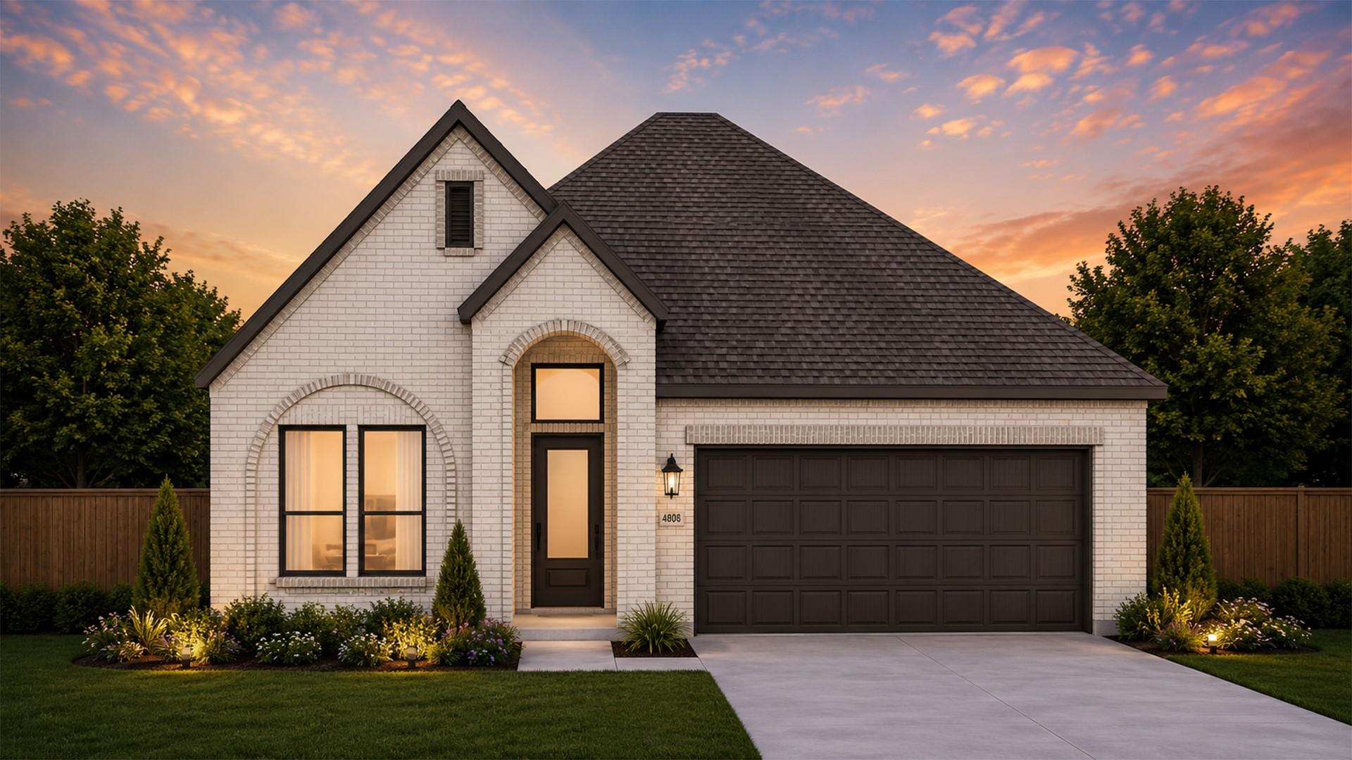 A light brick exterior meets a classic gabled roo