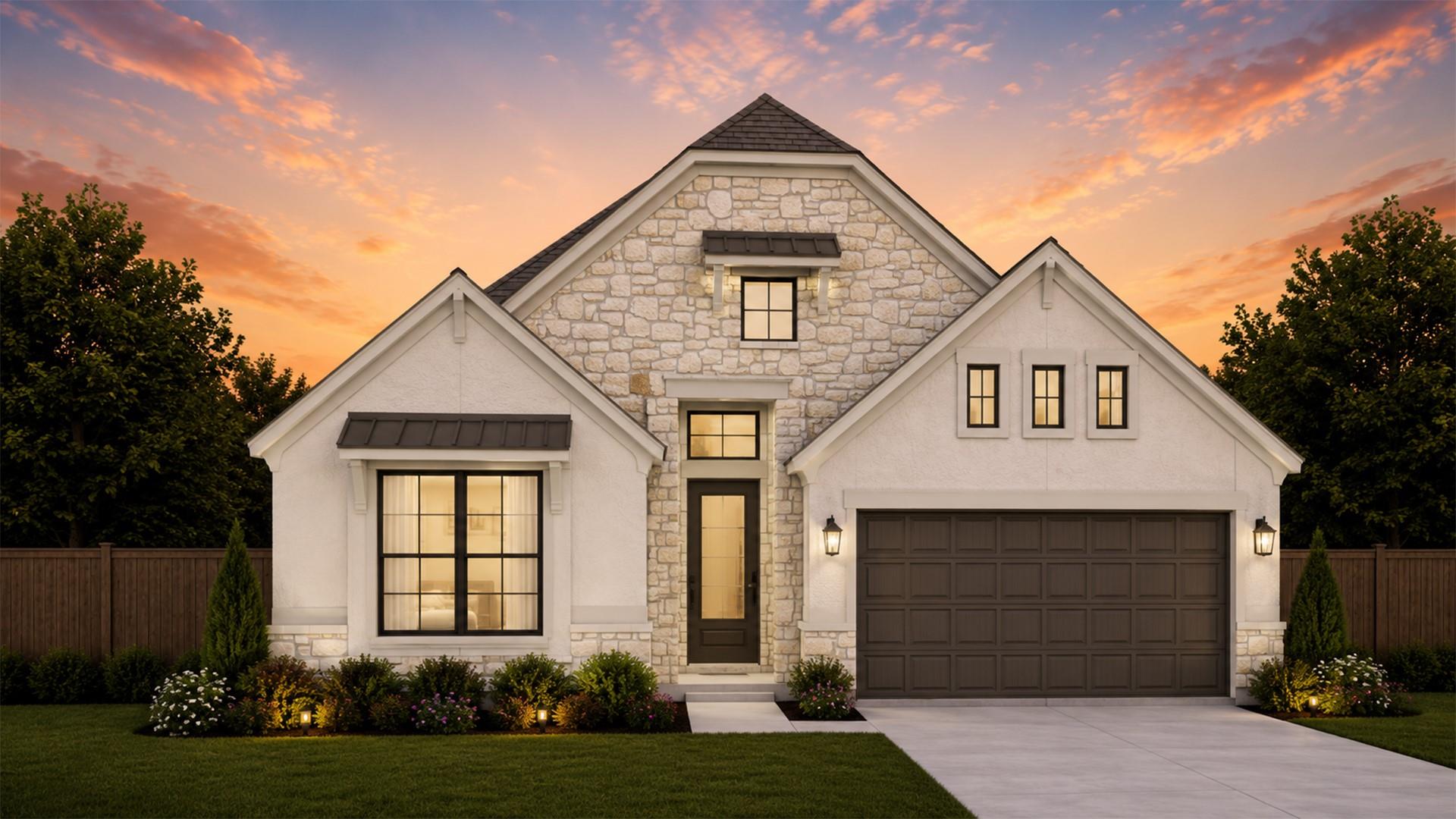 Textured stone veneer, multiple gables, and neat 