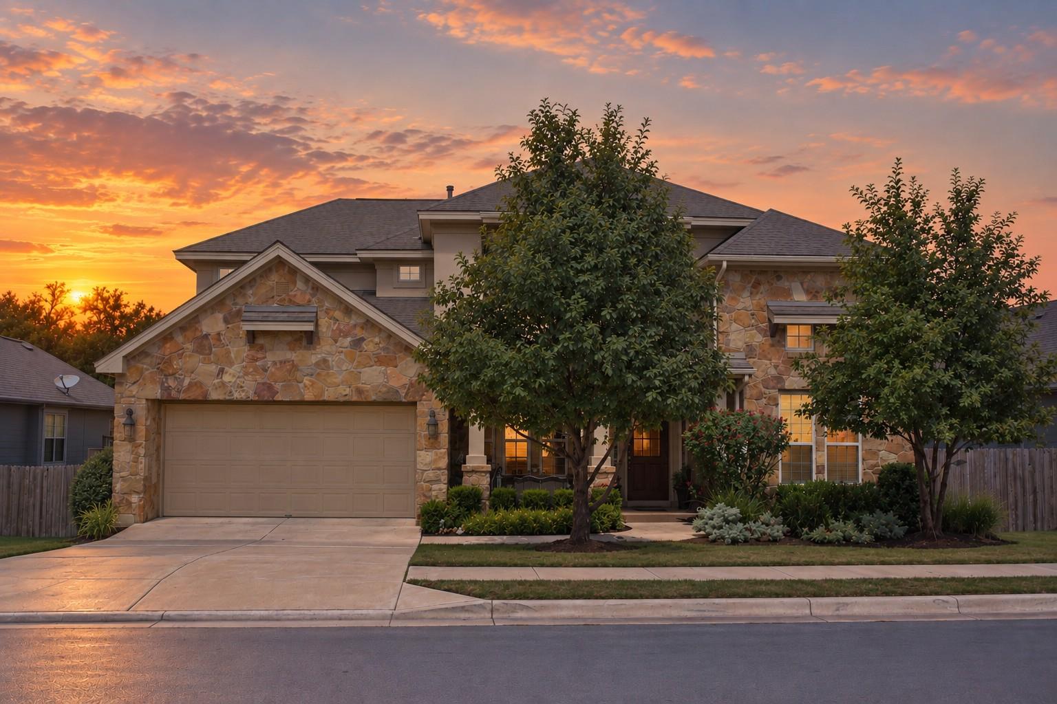 Natural stone masonry and a wide concrete drivewa