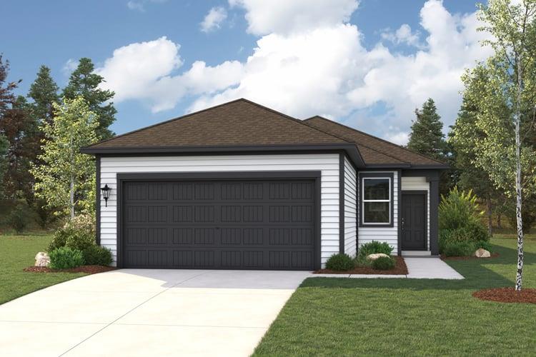 Crisp siding and a dark garage door create a stri