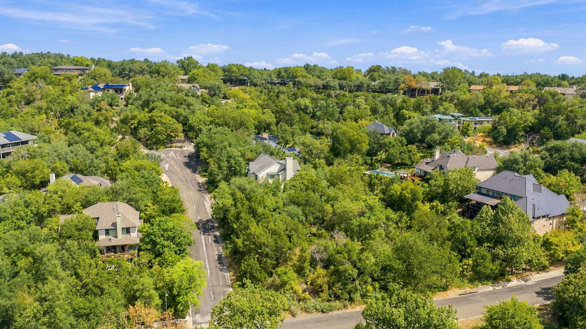 Lush green tree canopy surrounds houses nestled a