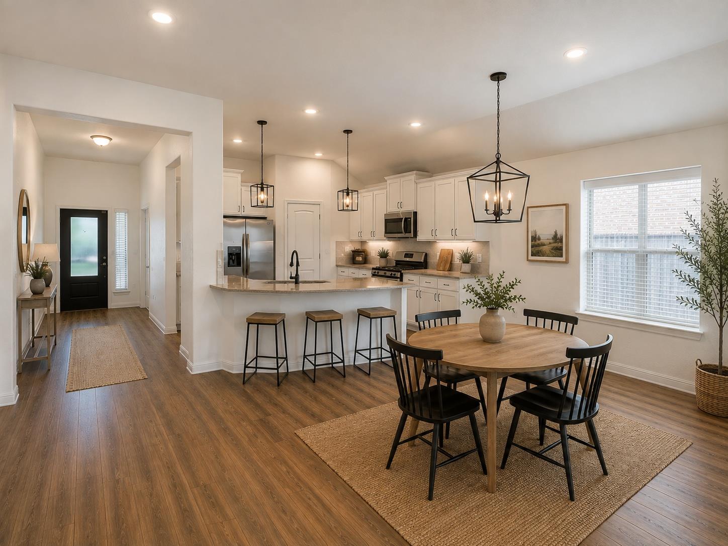 Warm wood-look flooring connects the inviting din